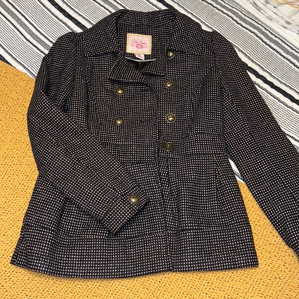 Women’s black with pink polka dot double breasted pea coat Size M